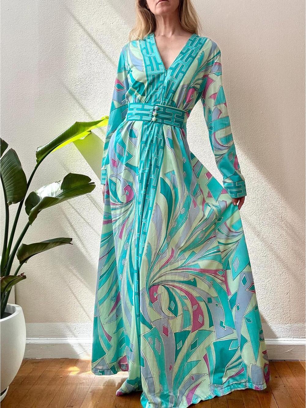 Vintage 1970s Georgie Keyloun Teal Hostess Maxi Caftan Dress